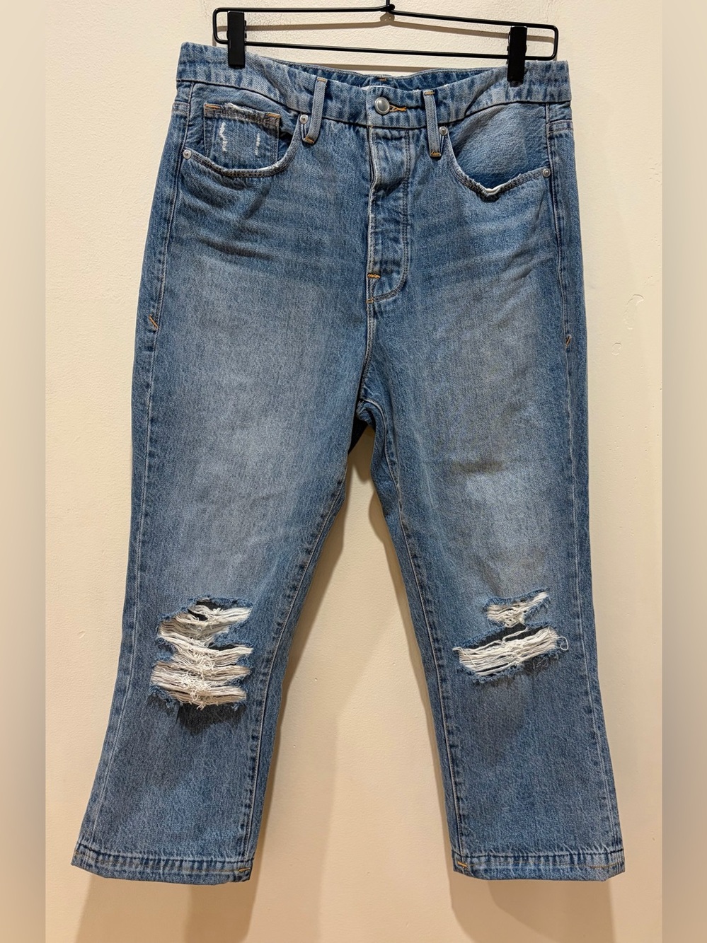 Good American Good Boy Distressed Cropped Denim Blue Jeans Women’s Size 10 / 30